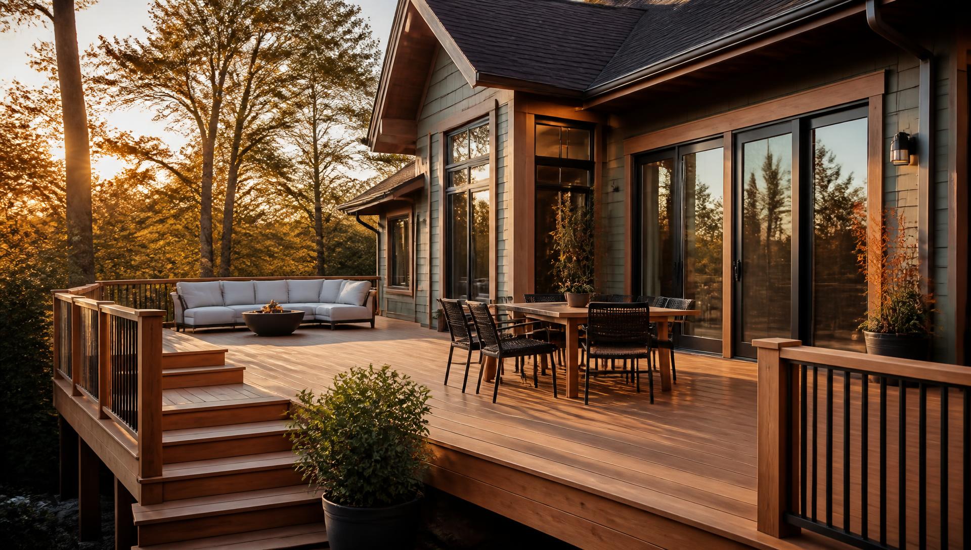 Newly built cedar deck with railings and stairs on a Hudson Valley home at golden hour